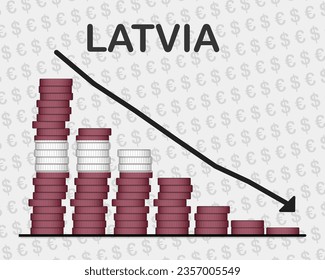 Latvia economic collapse, decreasing values with coins, crisis and downgrade concept, Latvia flag with changes, falling arrow, news banner idea, fail and decrease, financial decline