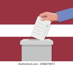 Latvia election concept. Hand puts vote bulletin into vote box.