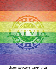 Latvia emblem on mosaic background with the colors of the LGBT flag