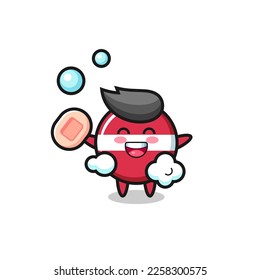 latvia flag badge character is bathing while holding soap , cute style design for t shirt, sticker, logo element