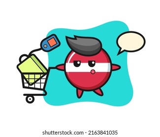 latvia flag badge illustration cartoon with a shopping cart , cute style design for t shirt, sticker, logo element