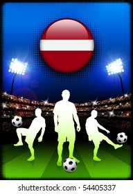 Latvia Flag Button with Soccer Match in Stadium Original Illustration