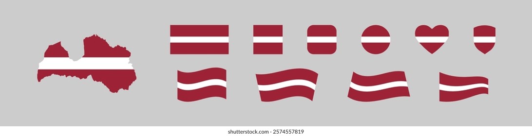 Latvia flag collection and map. Europa country isolated set icon. Vector