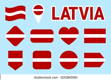 Latvia flag collection. Vector Latvian flags set. Flat isolated icons. Traditional colors. Web, sports pages, national, travel, geographic, patriotic, school, design elements. Baltic statea