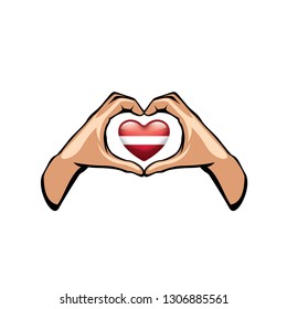 Latvia flag and hand on white background. Vector illustration