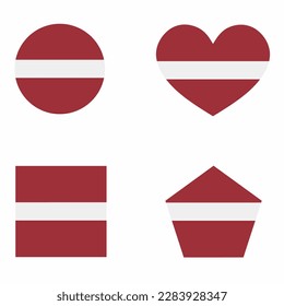 Latvia flag icon set in 4 shape versions. Collection of national flag symbol with square, circle, heart, rectangular and pentagon shapes.