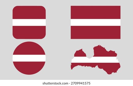 Latvia Flag Icon Set in Square, Round, and Map Shapes. Clean Modern Collection. Perfect for use in apps, websites, presentations, infographics, educational materials, travel content.