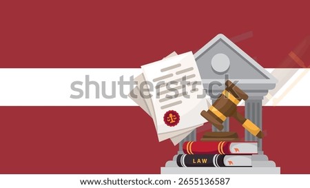 Latvia flag with justice vector silhouette, judge gavel hammer and scales of justice and handcuff silhouette on country flag, Latvia law concept, design asset, freedom idea