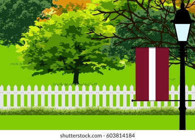 Latvia Flag, Landscape of Park, Trees, Fence wooden and Street light Vector Illustration 