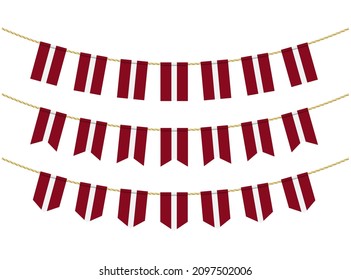 latvia flag on the ropes on white background. Set of Patriotic bunting flags. Bunting decoration of latvia flag