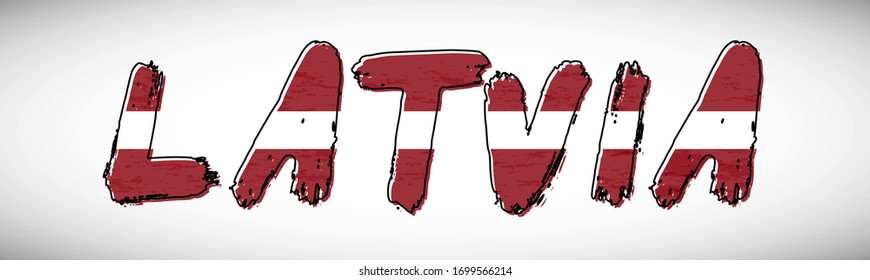Marca de Letonia en la tipografía de texto. Banner de nombre de país. Fondo tipográfico clásico.