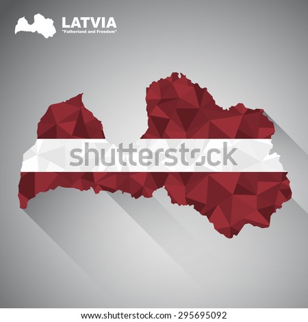 Latvia flag overlay on Latvia map with polygonal and long tail shadow style (EPS10 art vector)