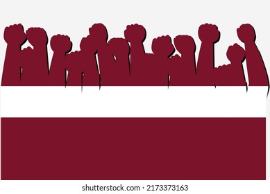 Latvia flag with raised protest hands vector, country flag logo, Latvia protesting concept, flat design, against idea