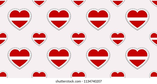 Latvia flag seamless pattern. Vector Latvian flags stickers. Love hearts symbols. Texture for language course, sports pages, travel, school, geographic design elements. patriotic wallpaper