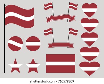 Latvia flag set. Collection of symbols heart and circle. Vector illustration