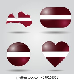 Latvia flag set in map, oval, circular and heart shape.