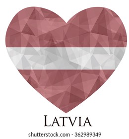 Latvia flag shape heart in geometric rumpled triangular low poly origami style graphic illustration,mosaic polygonal style.Symbol of love to country.Retro or vintage style background.