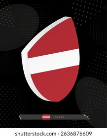 Latvia Flag Shield icon in 3D on Dark Modern Abstract Rugby Background. Perfect for sports events, heritage themes, national celebrations, and patriotic designs.