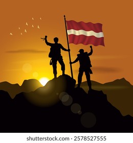 Latvia flag, silhouette of two climbers holding flags at sunset
