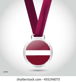 Latvia Flag in Silver Medal. Vector Illustration. RIO Olympic Game silver Medal. Vector Illustration