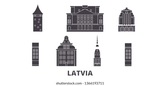 Latvia flat travel skyline set. Latvia black city vector illustration, symbol, travel sights, landmarks.