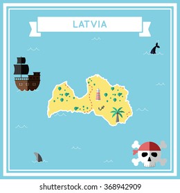Latvia flat treasure map. Colorful cartoon treasure map of Latvia with flat icons of pirate ship, jolly roger, treasure chest and banner ribbon. Flat design vector illustration.