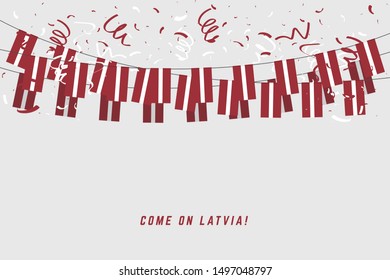 Latvia garland flag with confetti on white background, Hang bunting for Latvia celebration template banner.