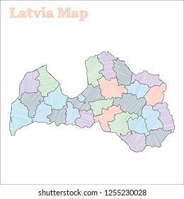 Latvia hand-drawn map. Colourful sketchy country outline. Quaint Latvia map with provinces. Vector illustration.