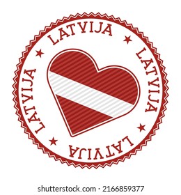 Latvia heart badge. Vector logo of Latvia with name of the country in Latvian language. Astonishing Vector illustration.