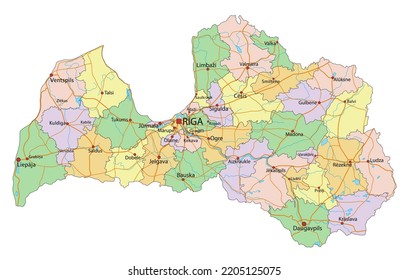 Latvia - Highly detailed editable political map with labeling.