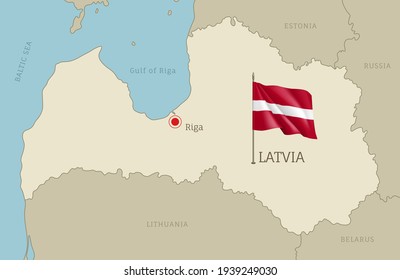 Latvia highly detailed map with territory borders, European country political map with Riga capital city and waving national flag vector illustration