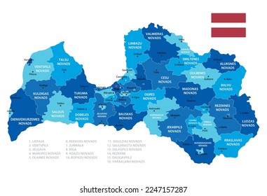 Latvia highly detailed map. Vector blue illustration with borders, cities and national flag