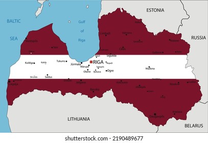 Latvia highly detailed political map with national flag isolated on white background.