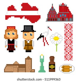 Latvia icons set. Pixel art. Old school computer graphic style. Games elements.