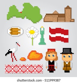 Latvia icons set. Pixel art. Old school computer graphic style. Games elements.