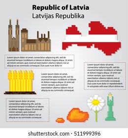 Latvia icons set. Pixel art. Old school computer graphic style. Games elements.