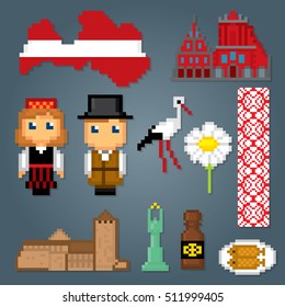 Latvia icons set. Pixel art. Old school computer graphic style. Games elements.