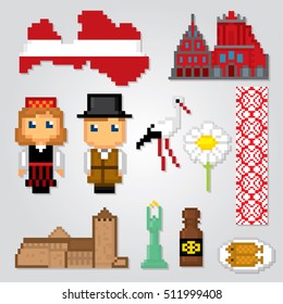 Latvia icons set. Pixel art. Old school computer graphic style. Games elements.