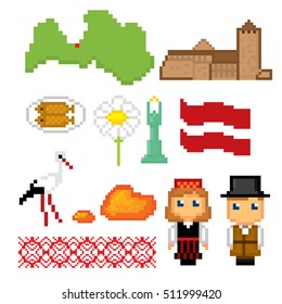 Latvia icons set. Pixel art. Old school computer graphic style. Games elements.