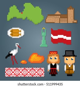 Latvia icons set. Pixel art. Old school computer graphic style. Games elements.