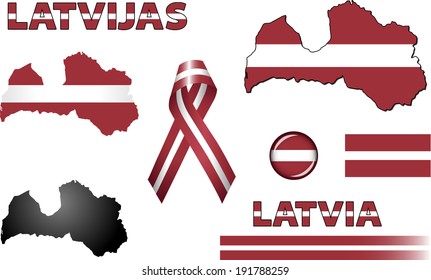 Latvia Icons. Set of vector graphic icons and symbols representing Latvia. The text says 'Latvia' in Latvian. 