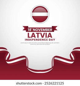 Latvia Independence Day 18 November Greeting Card, Square Banner Background with waving ribbon flag