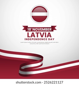 Latvia Independence Day 18 November Greeting Card, Square Banner Background with waving ribbon flag