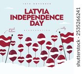 Latvia Independence day. 18th November Latvia Freedom day celebration banner with its flags, balloons in flag colours. The day recalls Proclamation of Independence of Latvia by the People