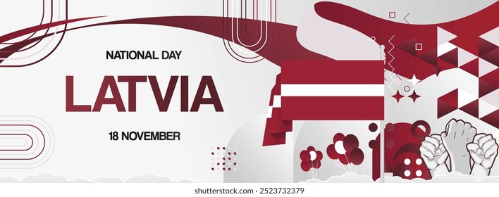 Latvia independence day creative banner in flag colors. Modern abstract art for holiday celebration, proclamation day greeting card, web header, poster sport and music event. Horizontal design