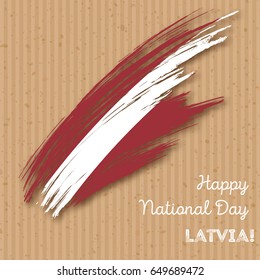 Latvia Independence Day Patriotic Design. Expressive Brush Stroke in National Flag Colors on kraft paper background. Happy Independence Day Latvia Vector Greeting Card.