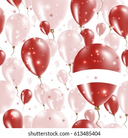 Latvia Independence Day Seamless Pattern. Flying Rubber Balloons in Colors of the Latvian Flag. Happy Latvia Day Patriotic Card with Balloons, Stars and Sparkles.