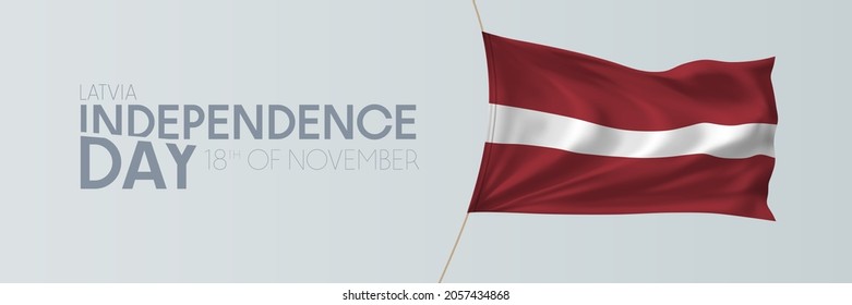 Latvia independence day vector banner, greeting card. Latvian wavy flag in 18th of November national patriotic holiday horizontal design