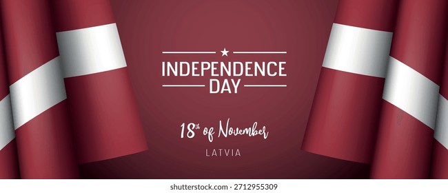 Latvia independence day vector banner, greeting card. Latvian wavy flag in 18th of November national patriotic holiday horizontal design