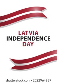 Dia da Independência da Letônia, design vetorial para cartão de saudação, cartaz ou faixa. Texto Dia da Independência da Letônia e bandeiras letãs como fitas em fundo branco.